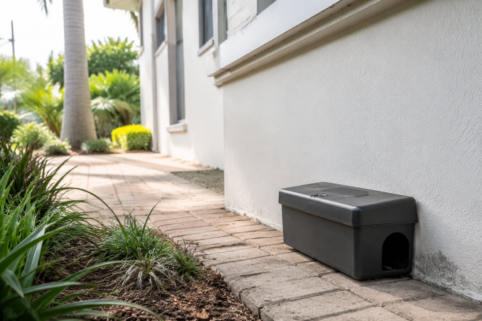 Discreet tamper-resistant rodent bait station installed outside a Durban home