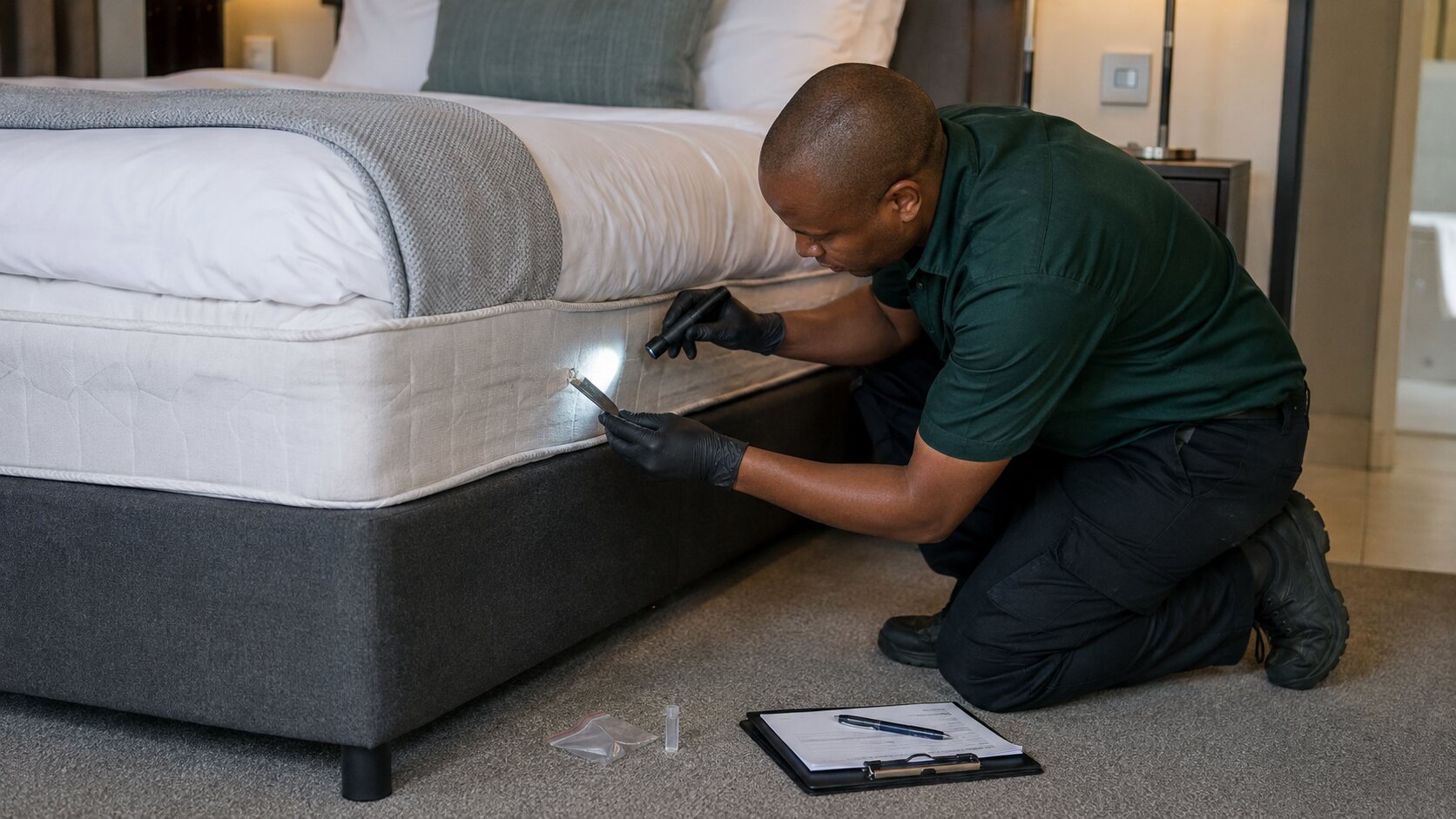 Professional bed bug inspection of a mattress seam